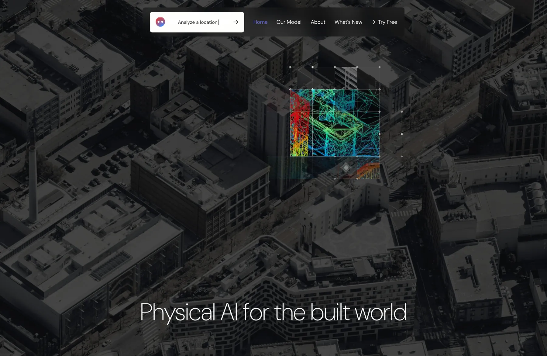 Geolava homepage hero over a dark aerial city, with x-ray tiles of scan data opening under the cursor