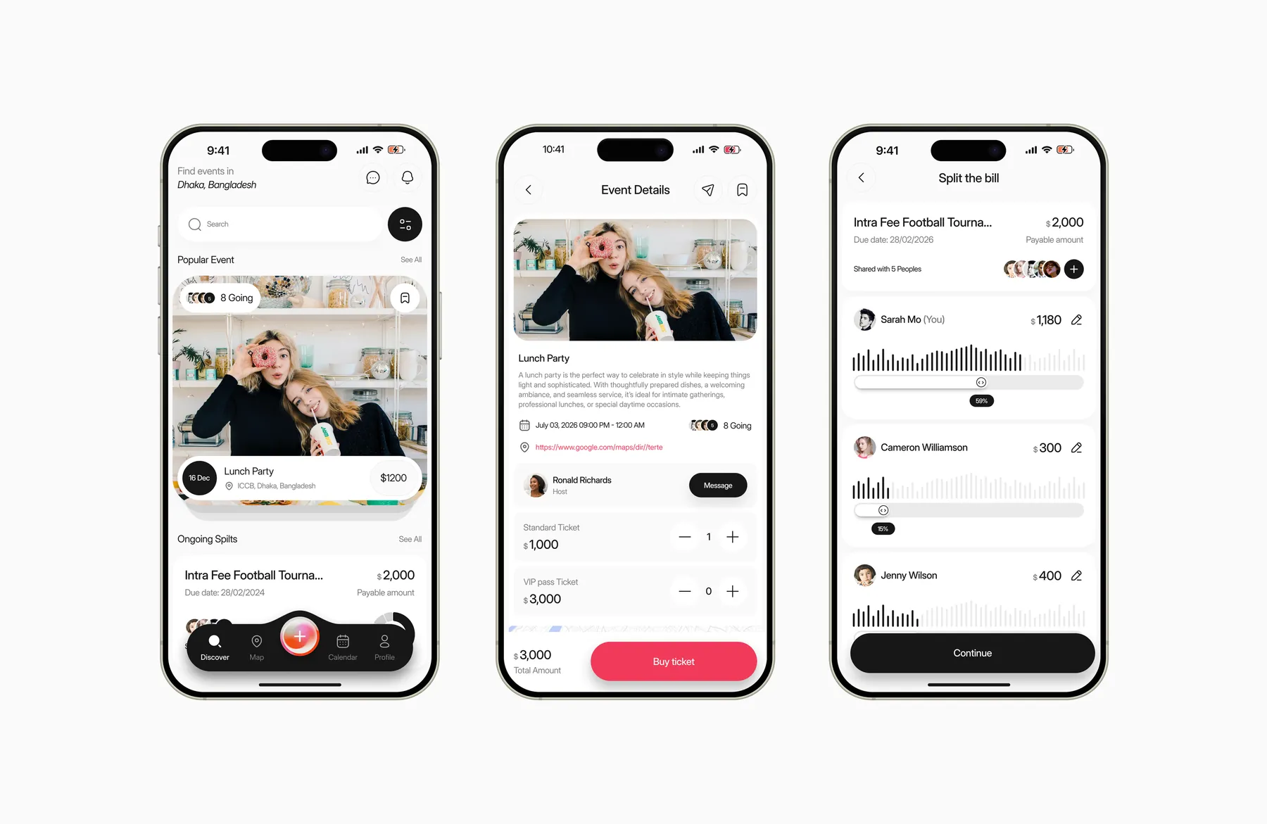 Instant discover, event details and split the bill screens