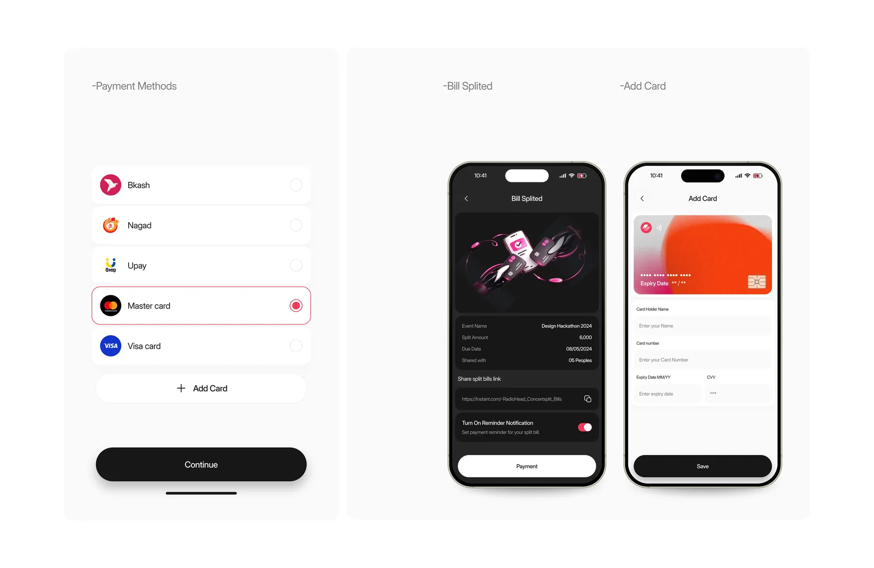 Instant payment methods, split bill summary and add card screens