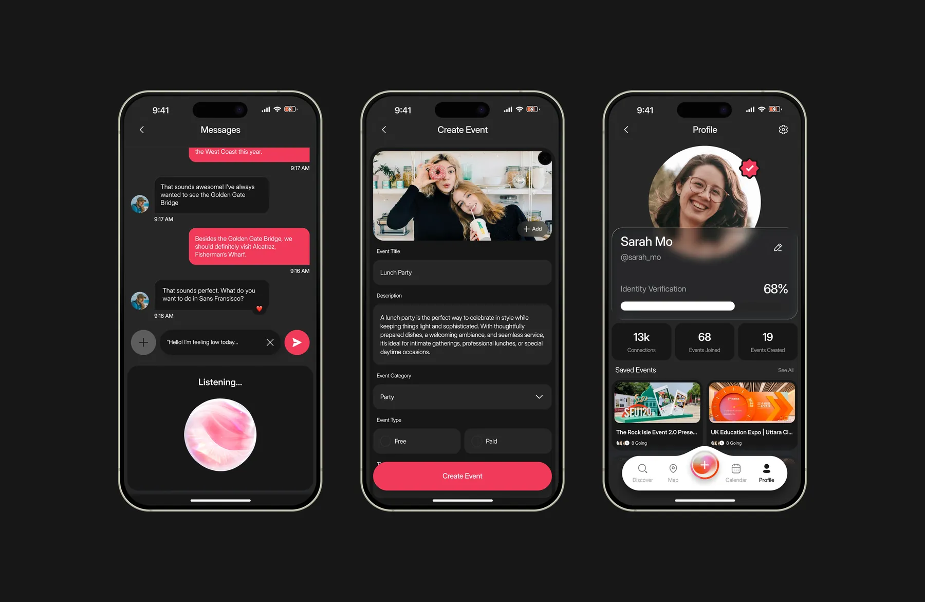 Instant dark mode voice chat, create event and profile screens