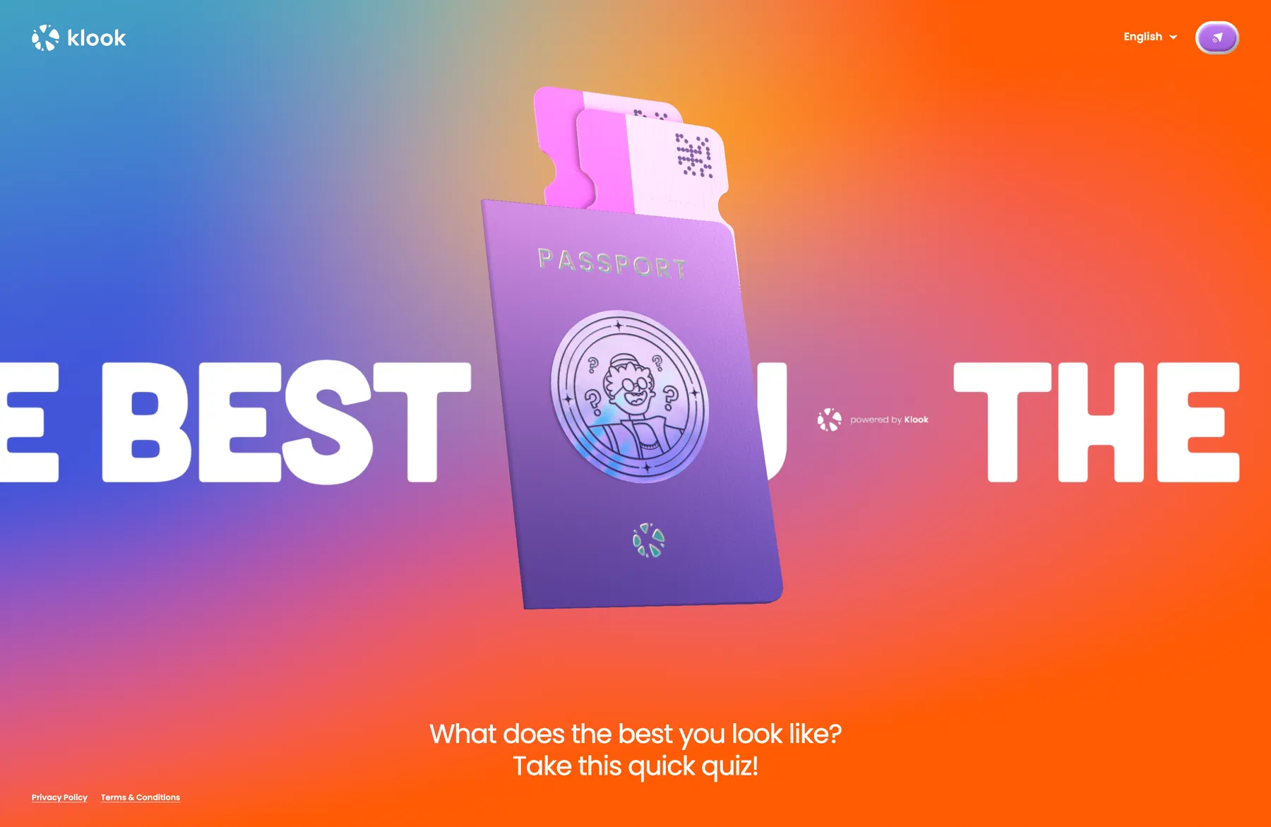 Klook quiz intro, a 3D passport and boarding passes in front of the quiz title