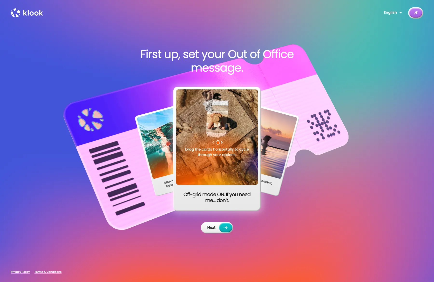 First question, Out of Office messages as photo cards fanned across a boarding pass