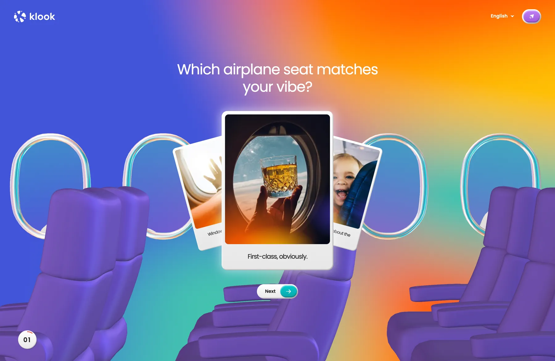 Airplane seat question set inside a 3D cabin of purple seats and windows