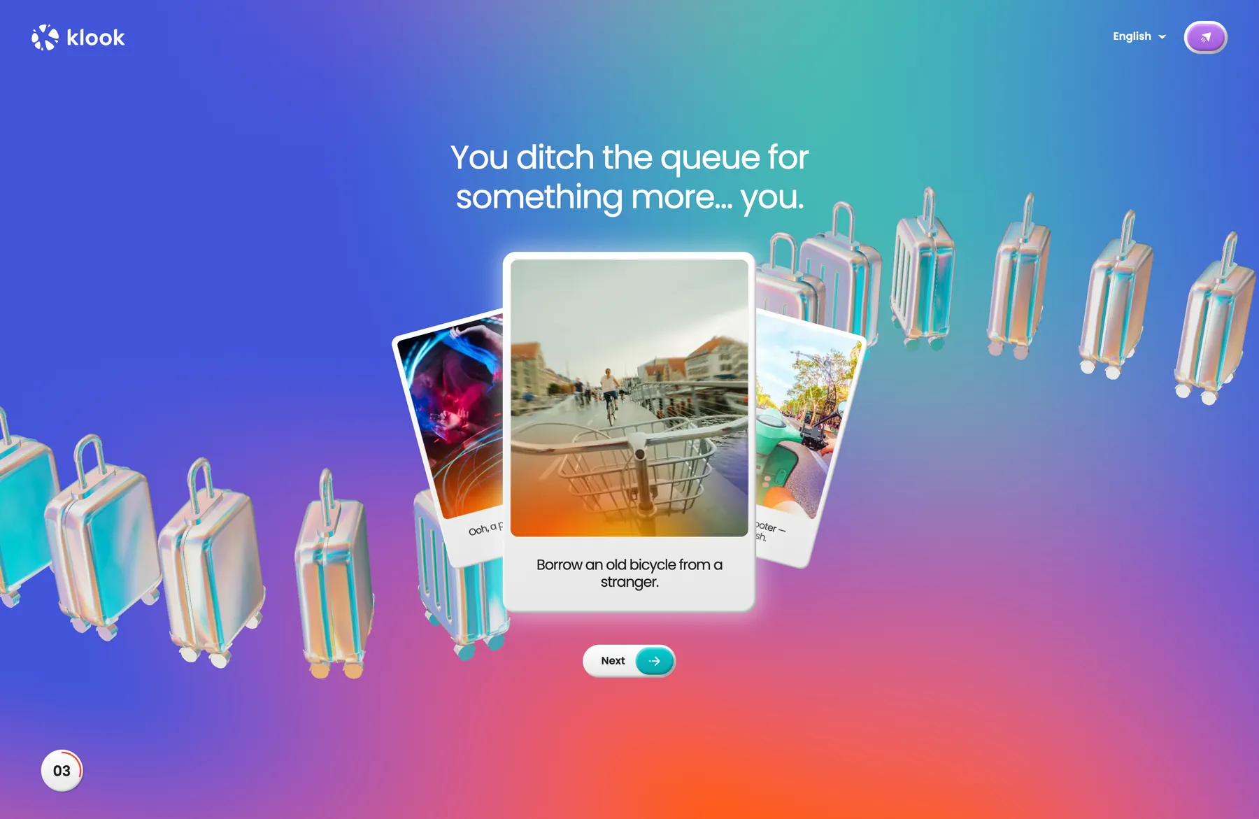 Arrival question with photo cards and a queue of floating iridescent suitcases