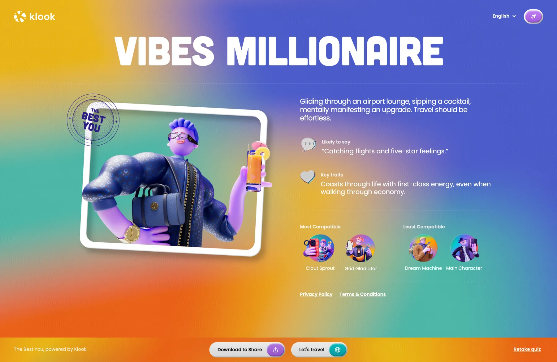 Vibes Millionaire result card with character portrait, traits and travel compatibility
