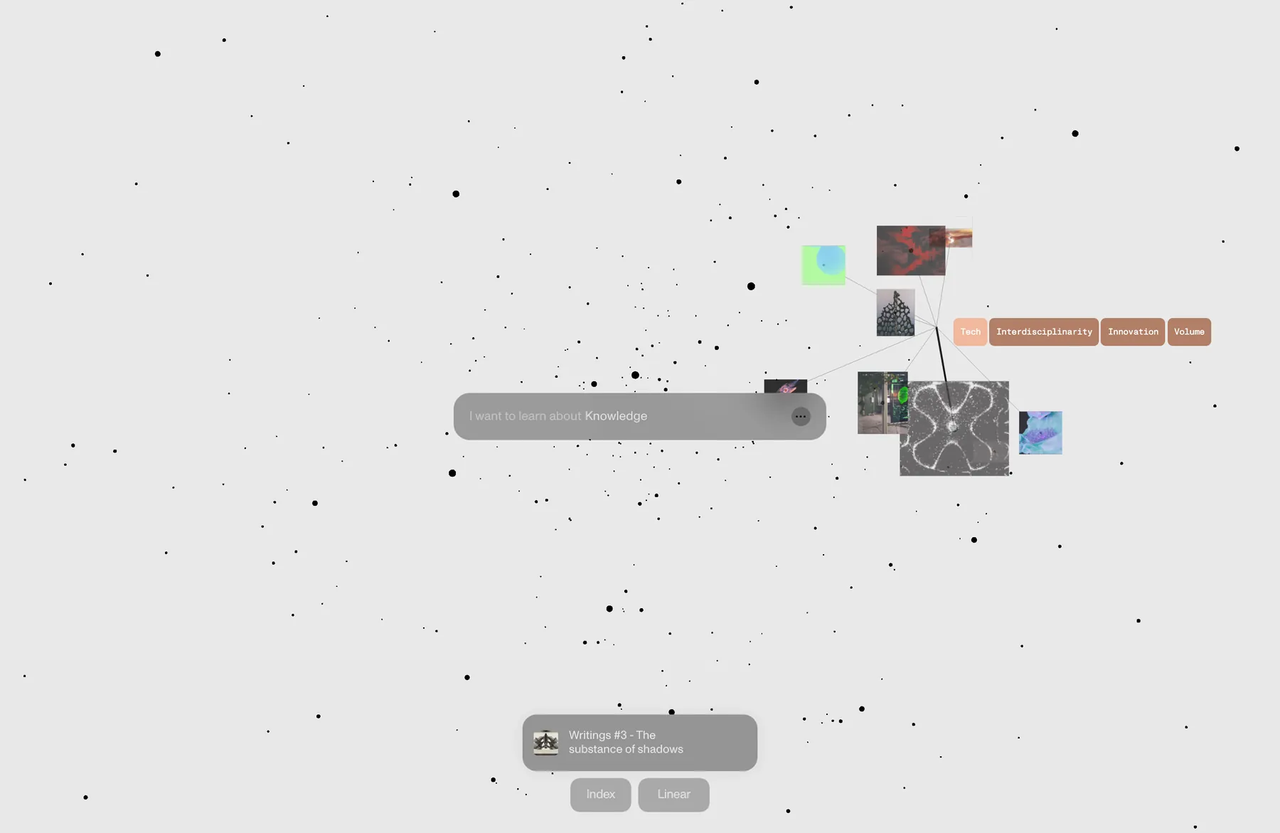 Kunumi Institute homepage where research thumbnails and topic tags gather around the cursor in a field of particles
