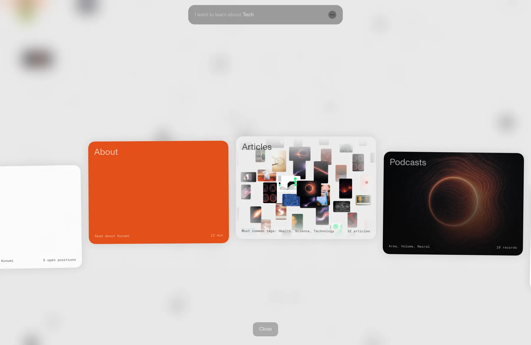 Index view with About, Articles and Podcasts cards lined up in a soft carousel