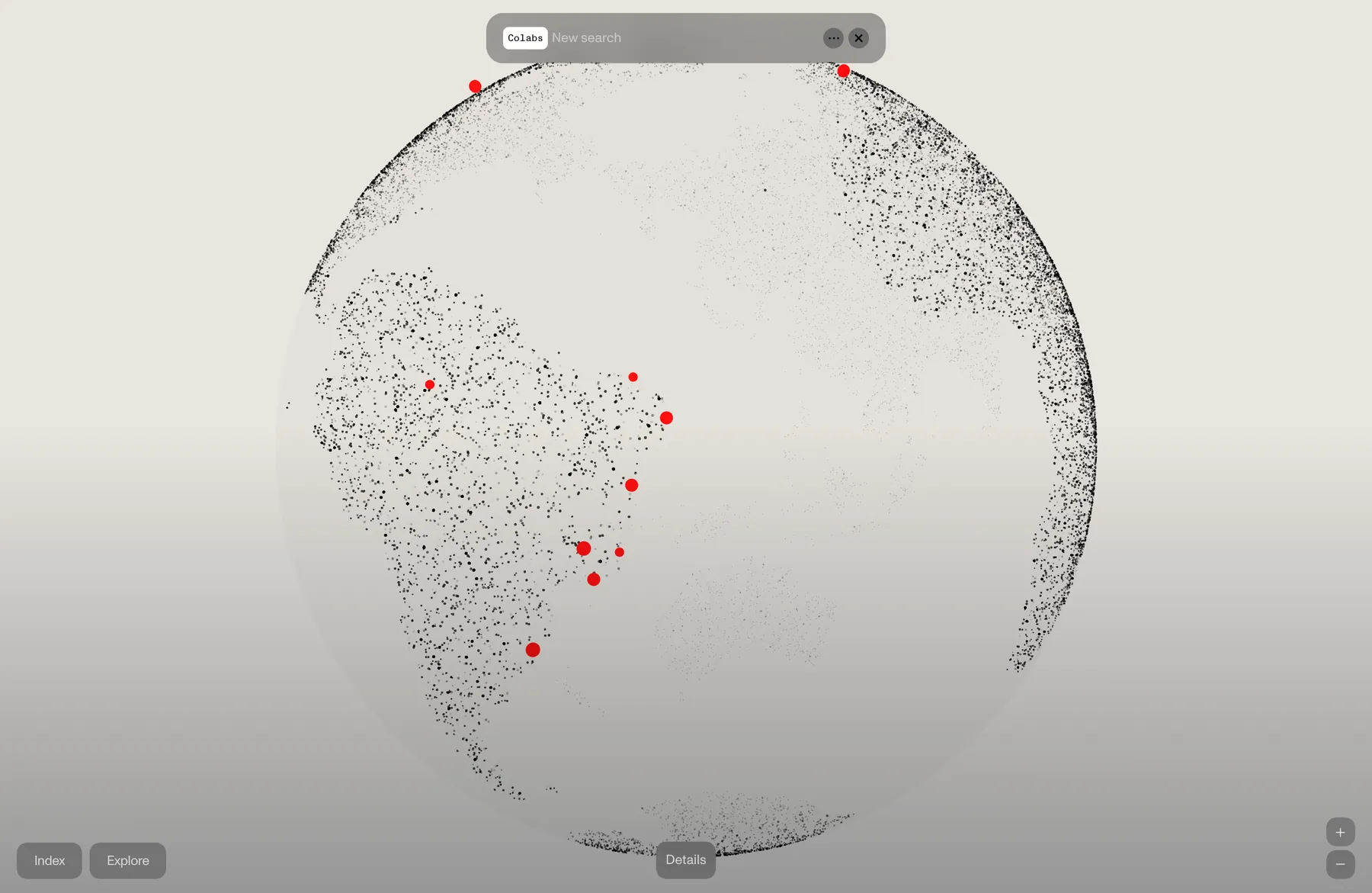 Colabs page with a dotted particle globe marking partner laboratories in red