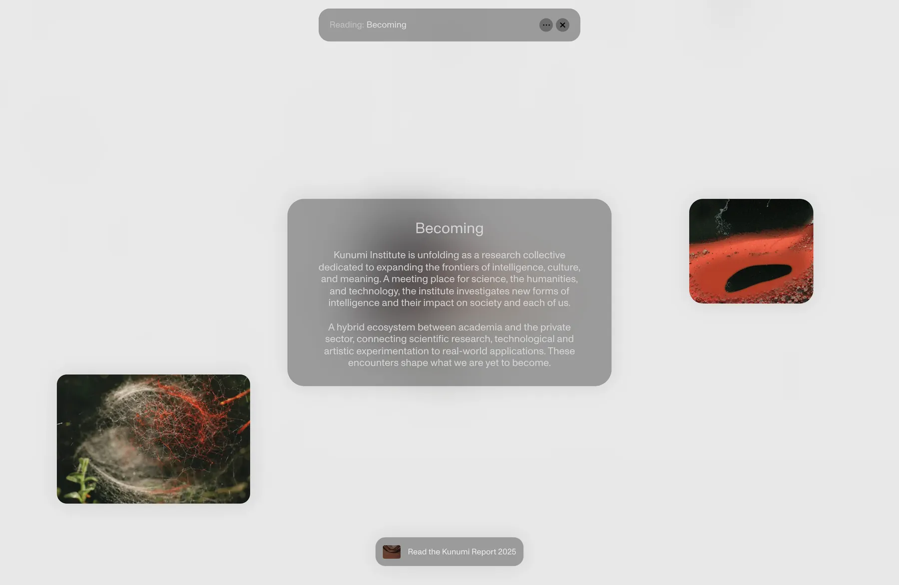 About page with the Becoming manifesto on a frosted panel between floating photographs
