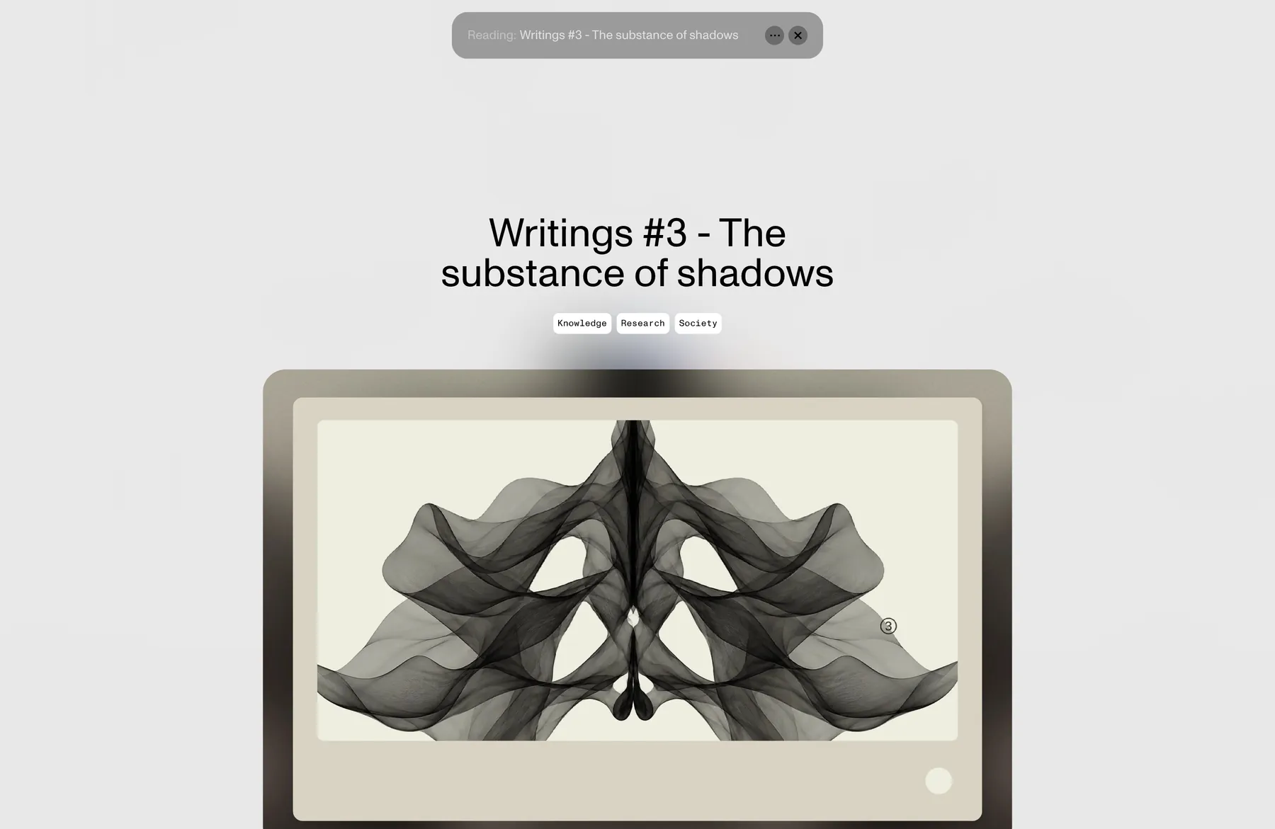 Article page for Writings #3, The substance of shadows, with its title above a shadow artwork