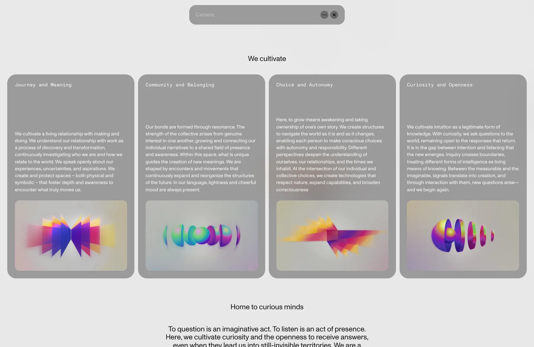 Careers page with the four values cards, each closing on an iridescent sculptural form