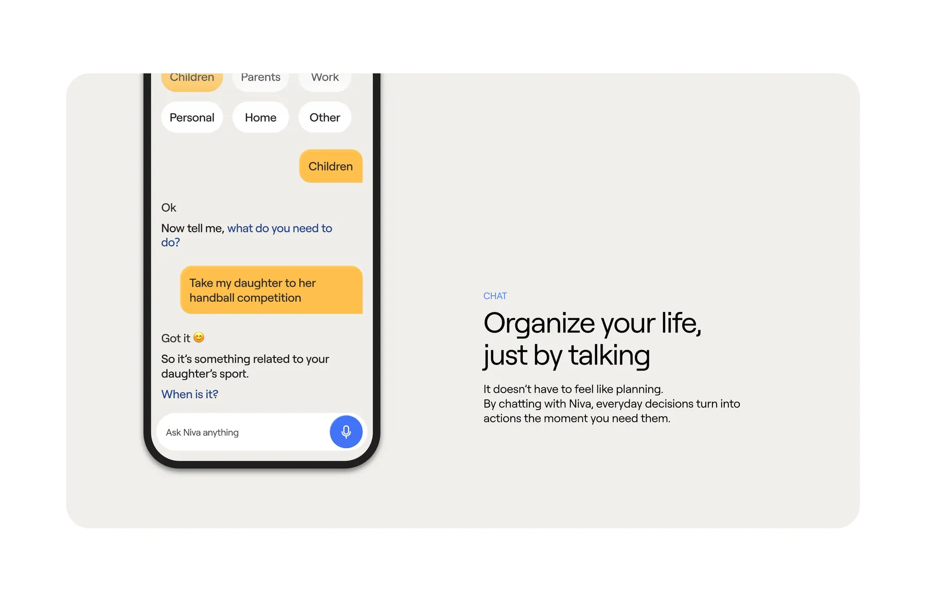 Niva chat turning a spoken request into an activity