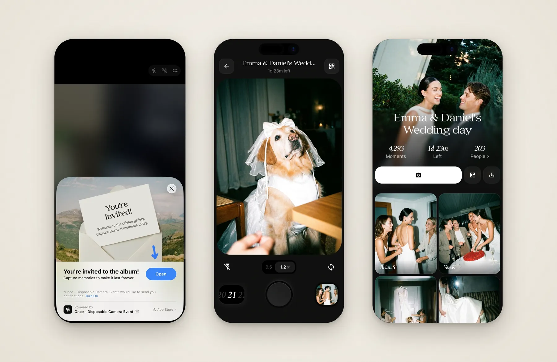 Once App Clip invitation, wedding camera and wedding film album