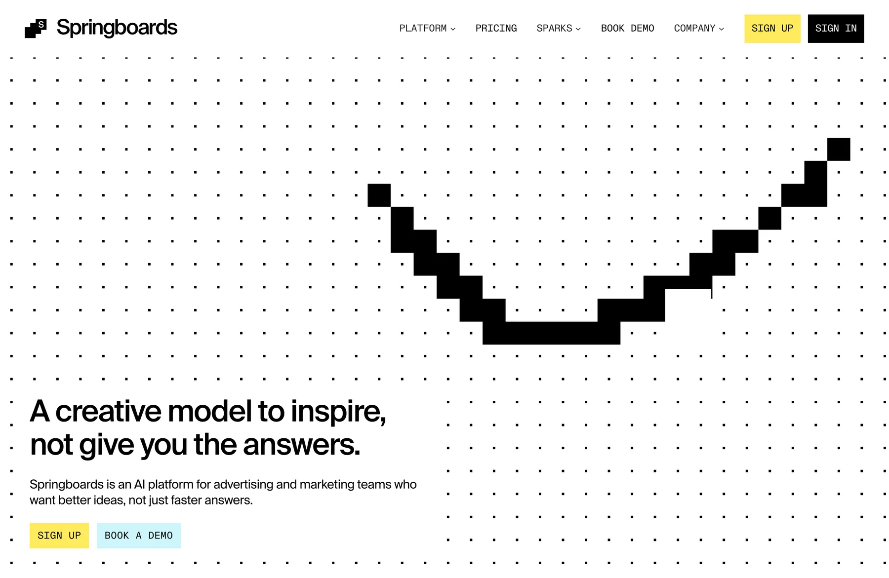Springboards homepage hero with a pixel cursor trail drawn across the dotted grid