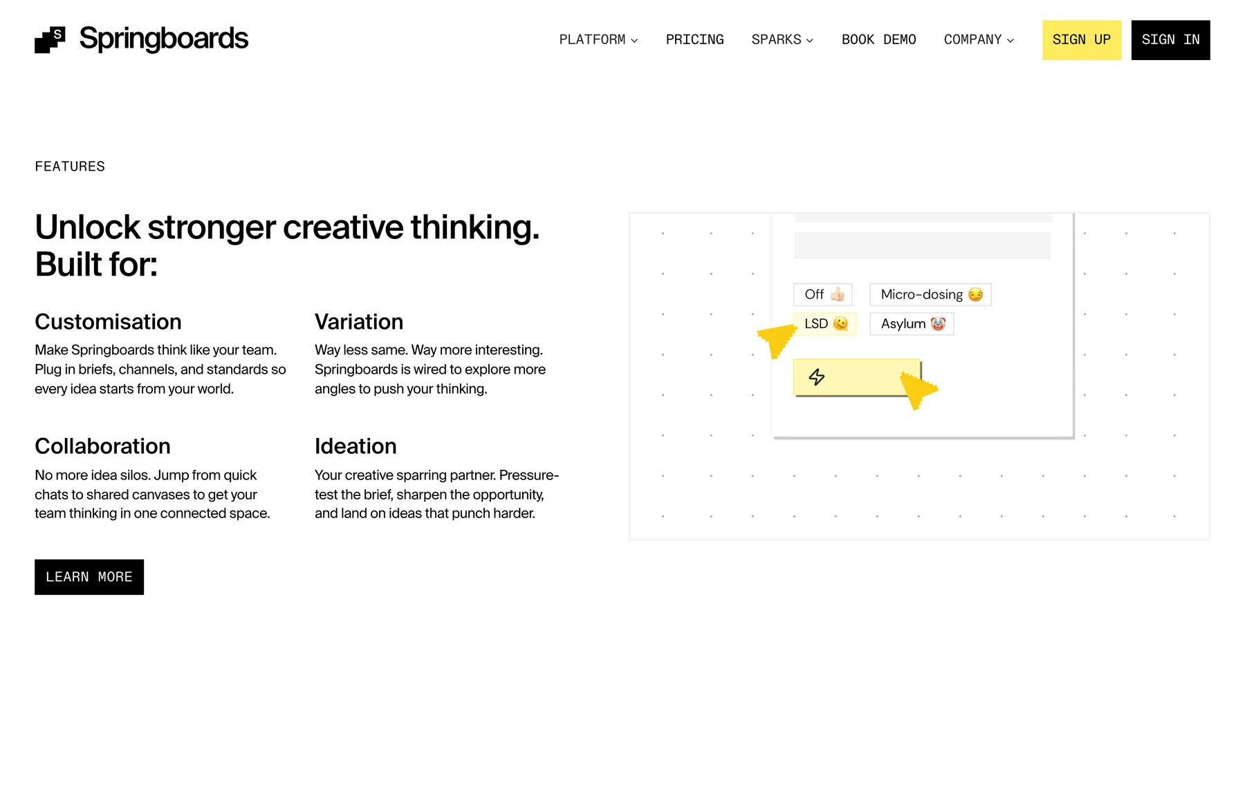 Homepage features section with the creative voltage dial on a shared canvas