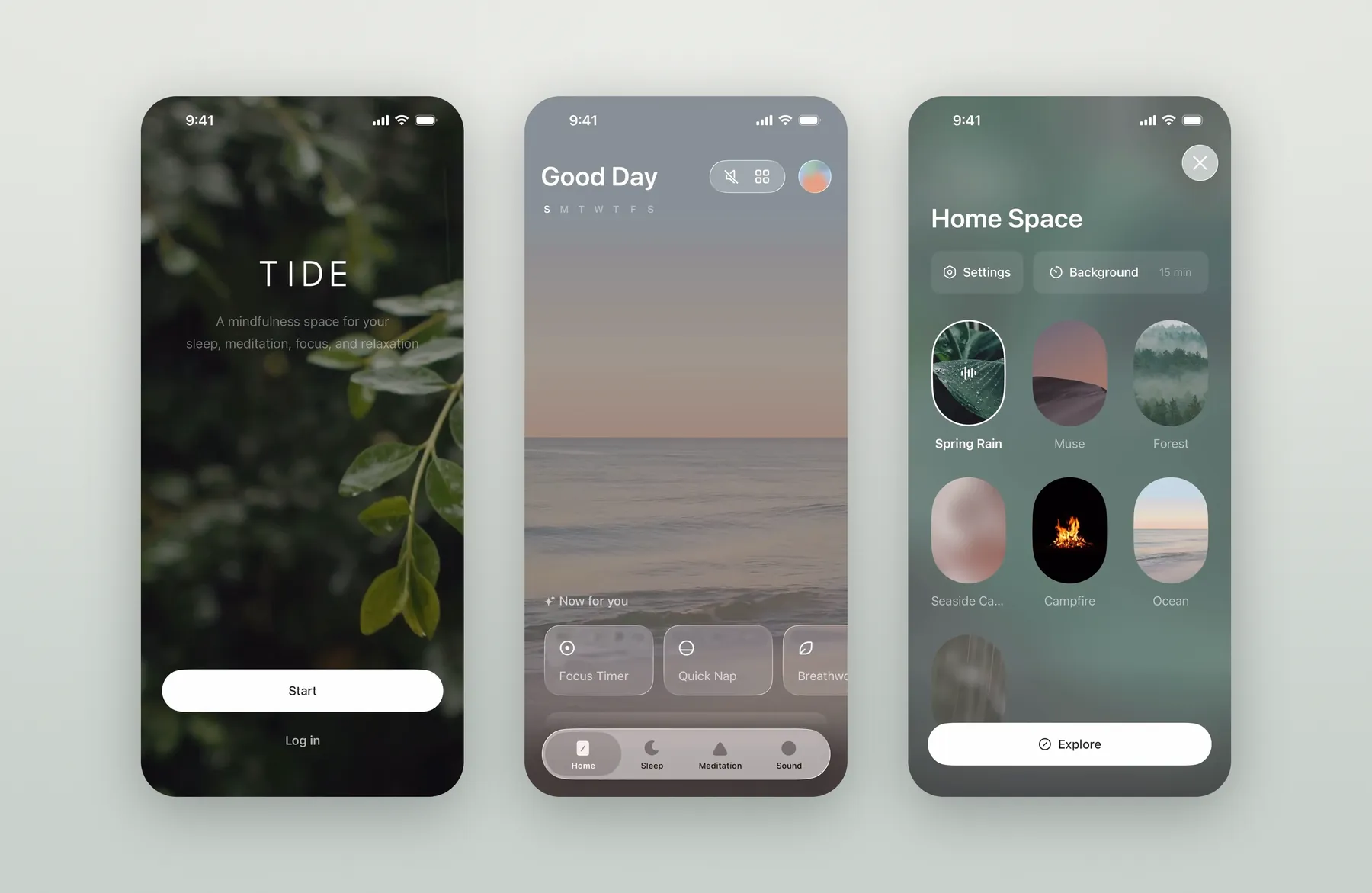 Tide welcome screen, home screen and Home Space soundscape picker