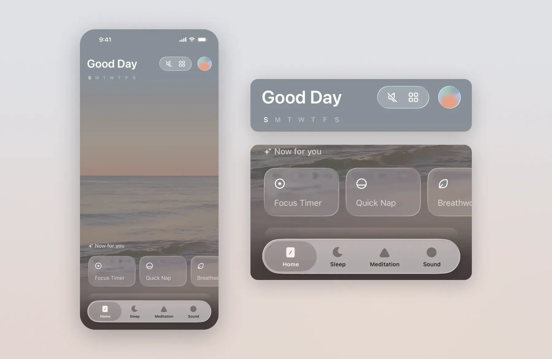 Tide home screen with its greeting, Now for you shortcuts and tab bar enlarged