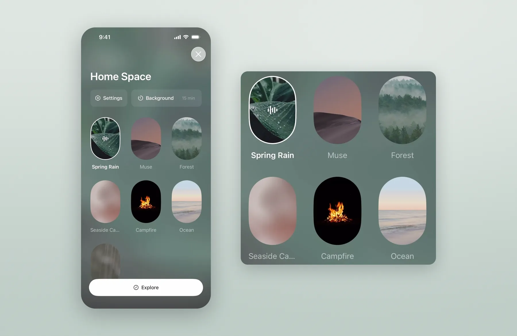 Tide Home Space screen beside its grid of nature soundscapes enlarged
