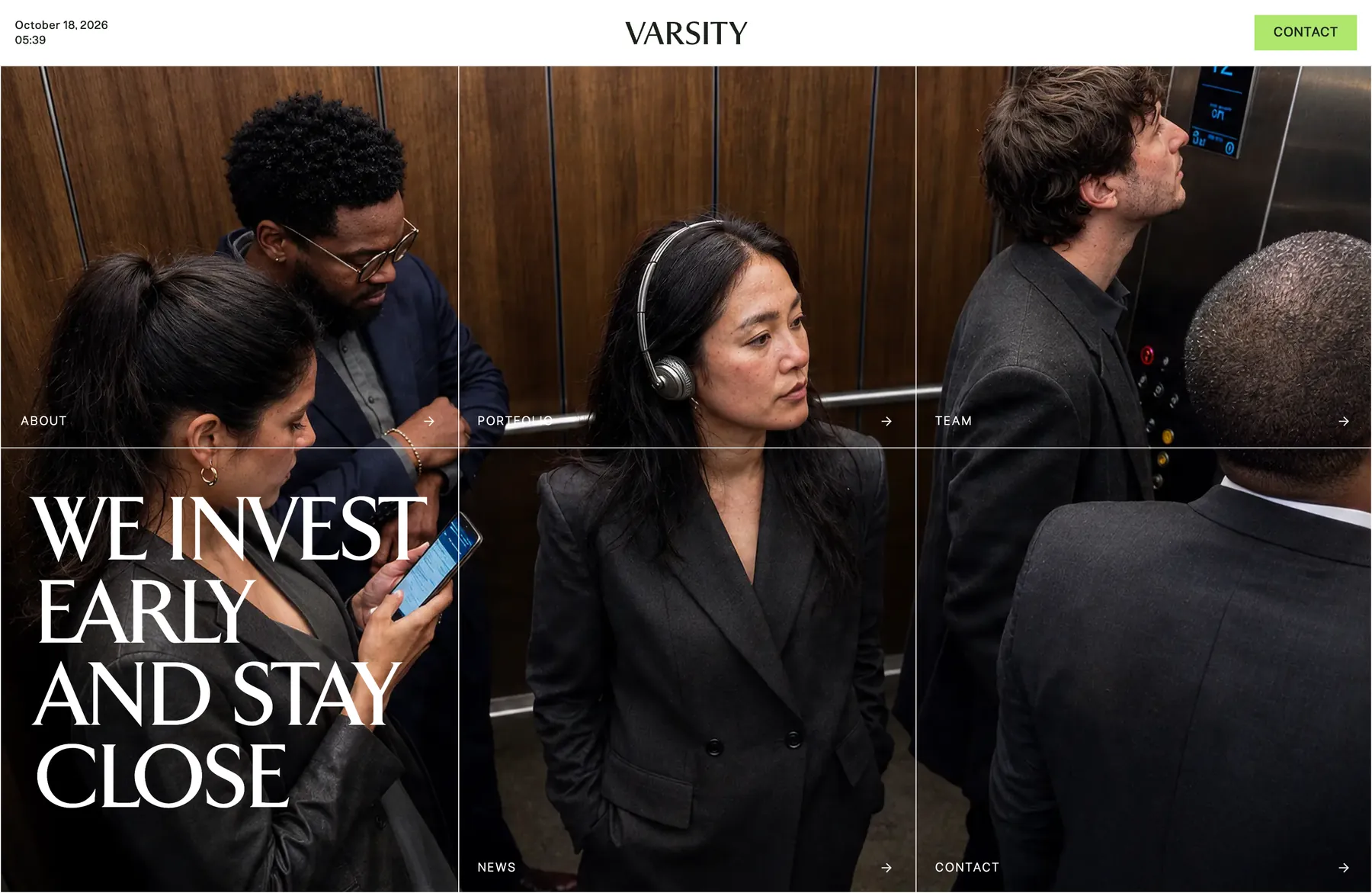 Varsity homepage hero, a lift photo split into navigation tiles under the line We invest early and stay close