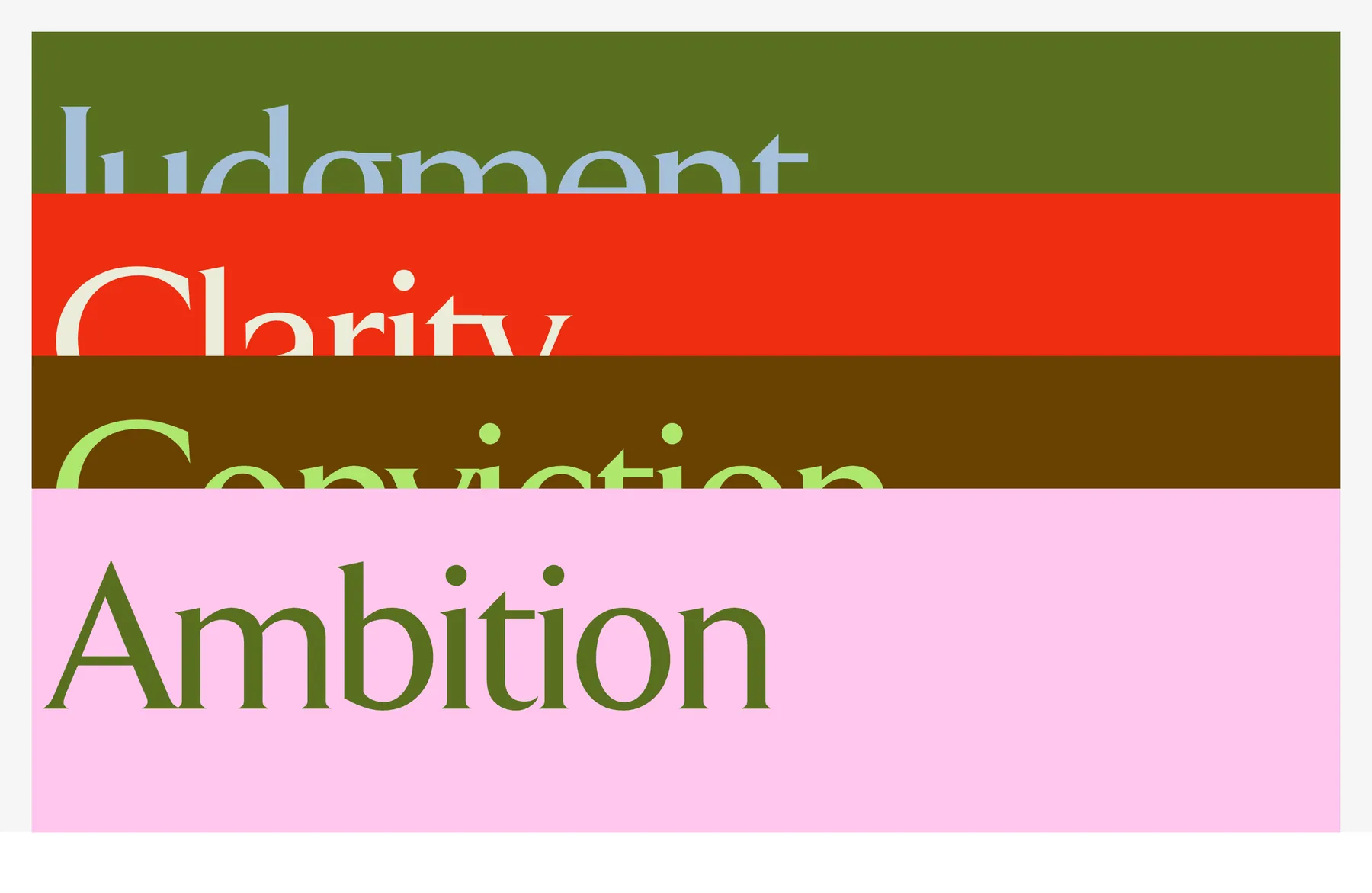 Judgment, Clarity, Conviction and Ambition pillars stacked as olive, red, rust and pink cards