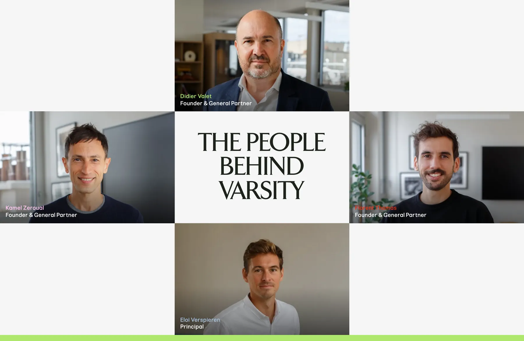 The people behind Varsity team grid with portraits of the partners and principal